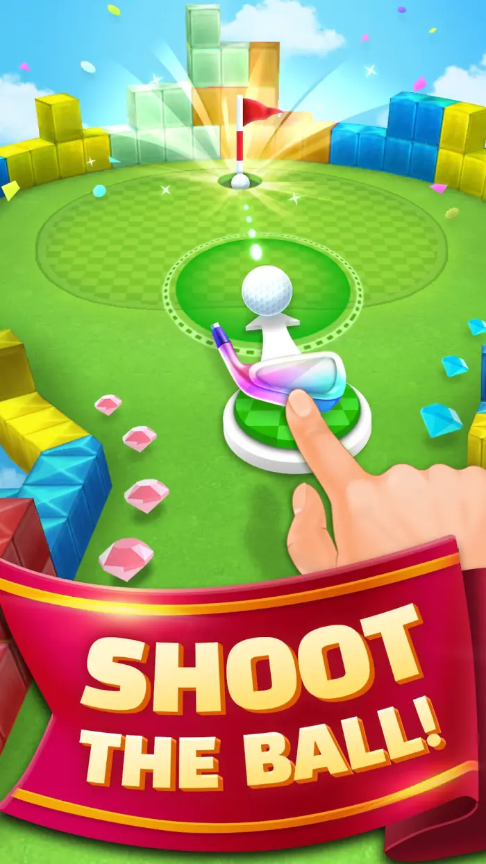 Captura de ecrã do jogo Mini Golf King a mostrar um percurso de minigolfe colorido